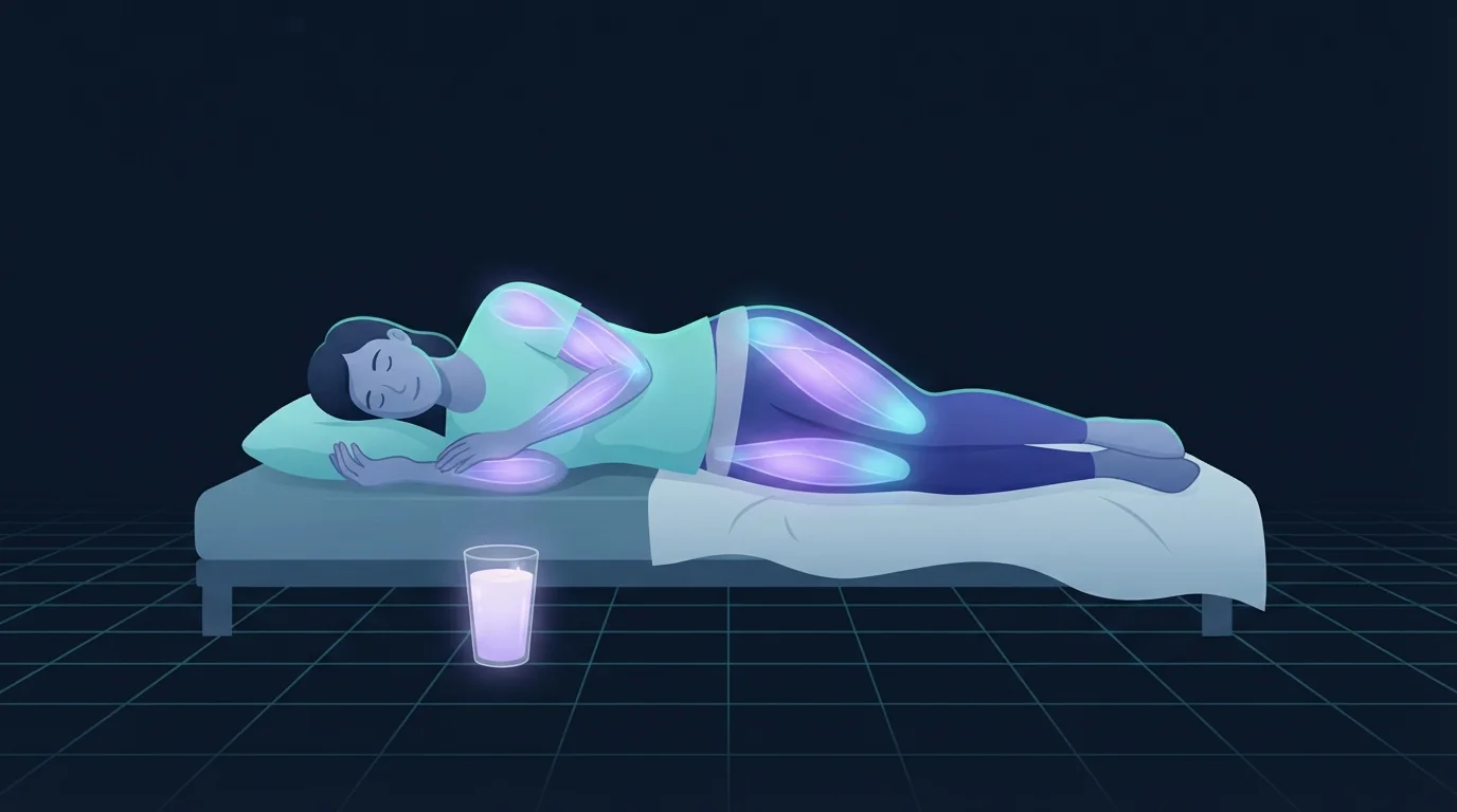 Illustration of a person asleep on their side on a low bed with a plain glass of a thick pale drink on the floor beside them glowing violet, and a soft violet light running through the shoulders, back and thighs