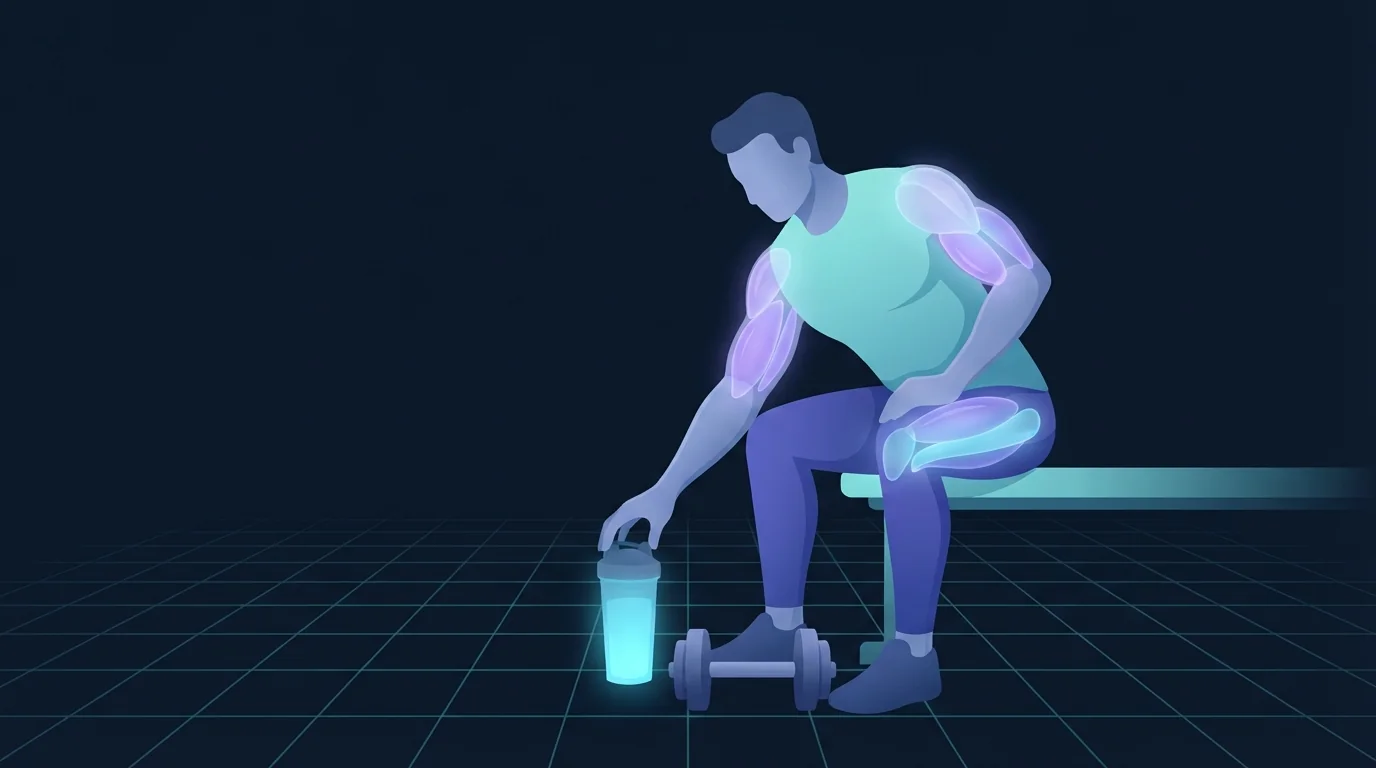 Illustration of a person seated on a bench after a set with a dumbbell on the floor beside them, reaching for a plain shaker bottle that glows cyan, with the biceps, shoulders and quadriceps lit from inside