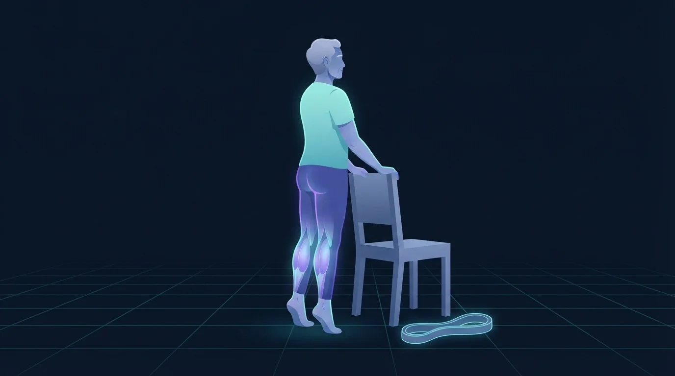 An older adult standing behind a chair with both hands on the backrest doing a heel raise, calves lit up, with a resistance band on the floor, the step after chair exercises for seniors