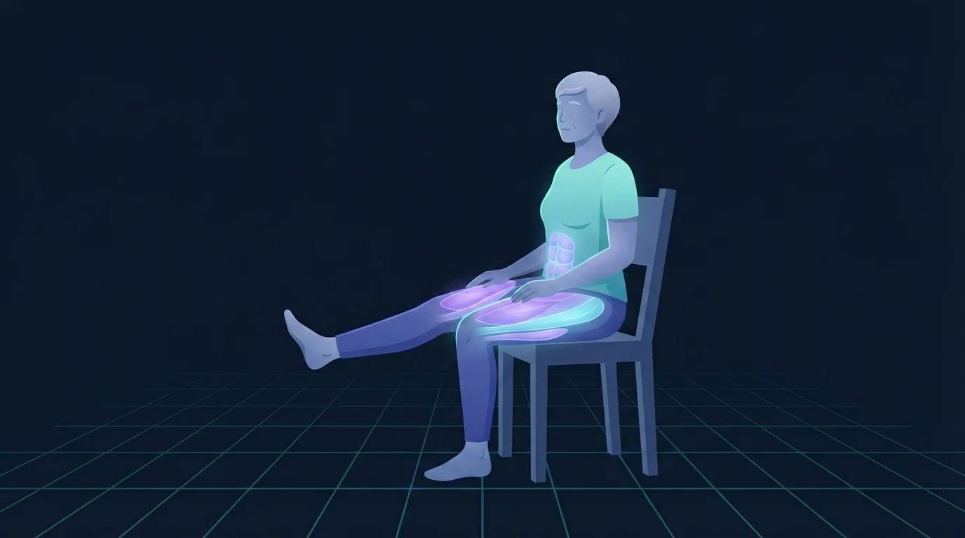 An older adult sitting tall on an armless chair extending one leg straight forward with the working quadriceps lit up, the starting position for chair exercises for seniors