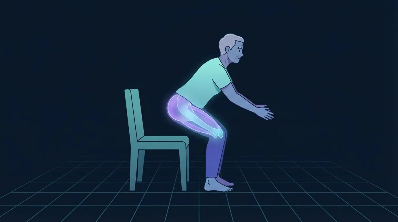 Side view of an older adult rising out of a chair with the torso hinged forward and the glutes, quadriceps and hamstrings lit up, the key strength move in a senior chair exercise routine