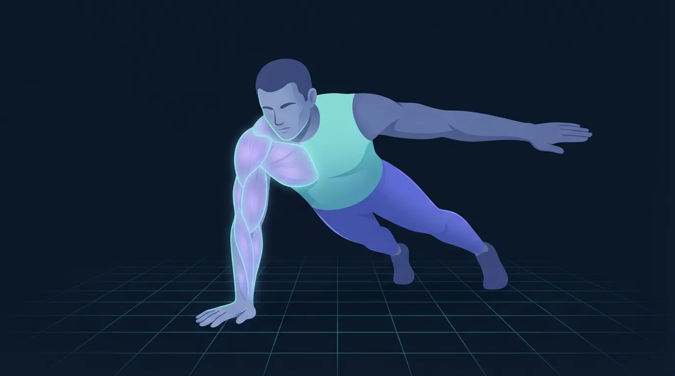 An adult performing an archer push-up with the weight sinking onto one bent arm while the far arm stays straight, the loaded side's chest and triceps lit up far brighter than the other side