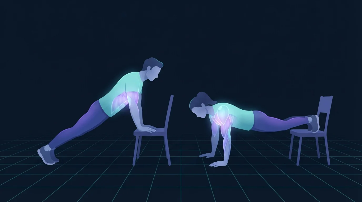 Two adults mid push-up beside each other, one with hands on a chair seat and one with feet on a chair, showing how the torso angle moves the load between the lower and upper chest