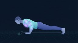 Side view of an adult holding a rigid head-to-heels line in a floor push-up, with the pectorals, front shoulders and triceps lit up as the working muscles