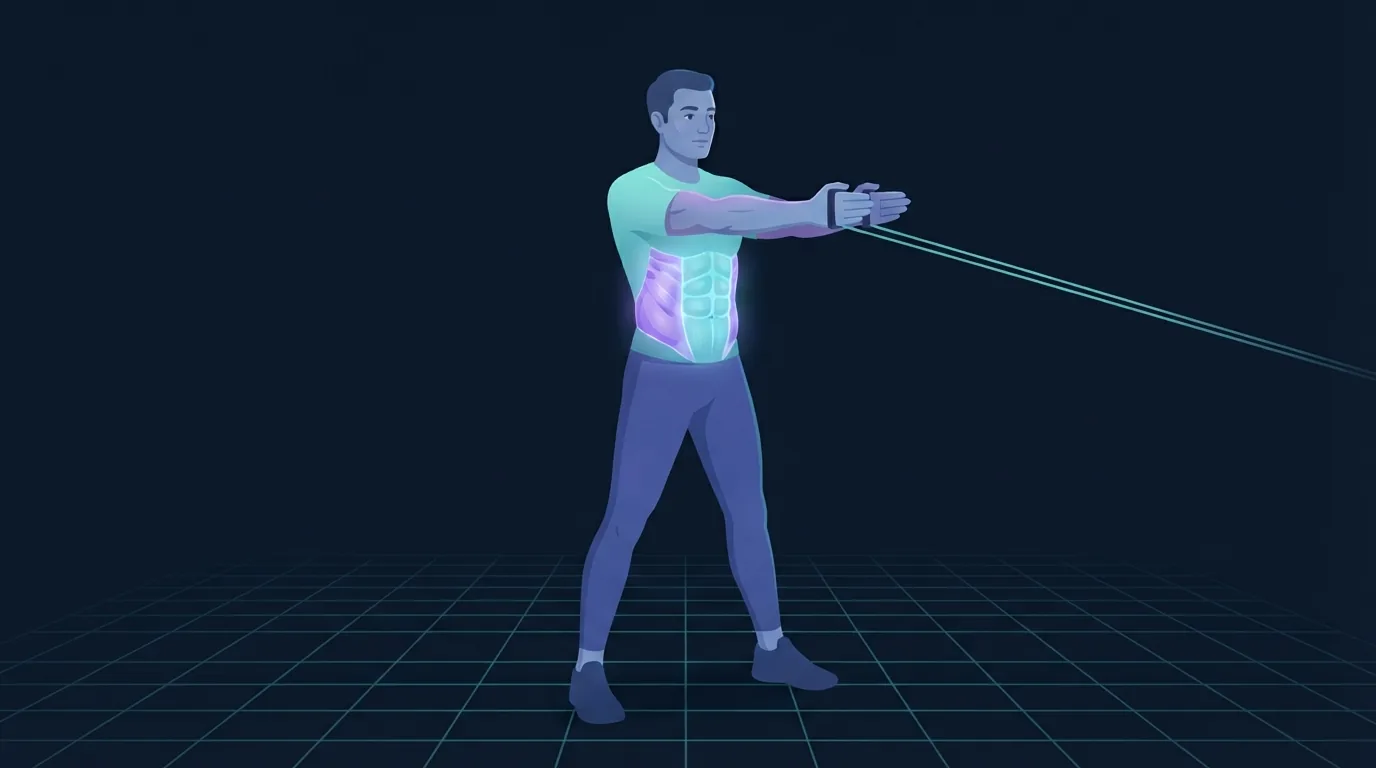 A person standing square with both hands pressed out from the chest against a taut elastic cord pulling from one side, obliques and deep abdominal wall glowing