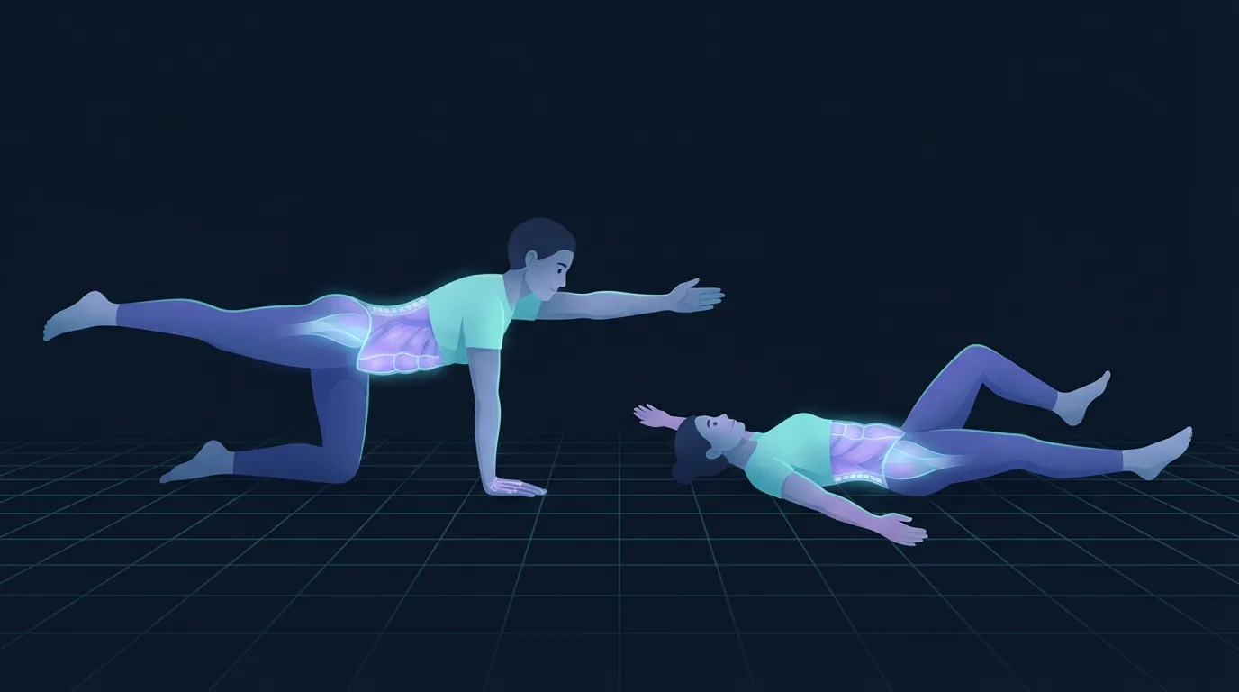 One person in a bird dog with opposite arm and leg extended and one lying in a dead bug position, with the deep abdominal wall and spinal muscles glowing on both