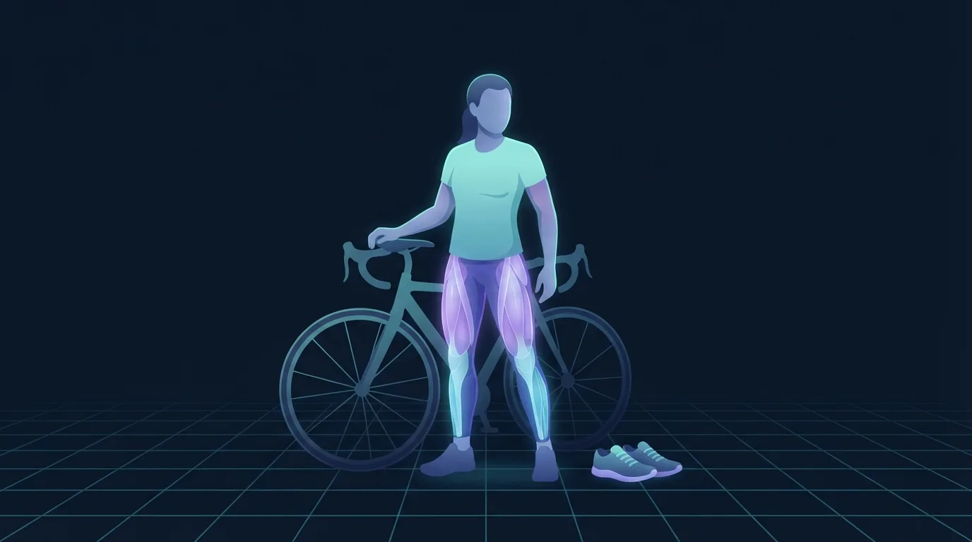 Illustration of one athlete standing between a parked road bike and a pair of running shoes on the floor, hips, quadriceps and calves lit up to show both activities loading the same legs