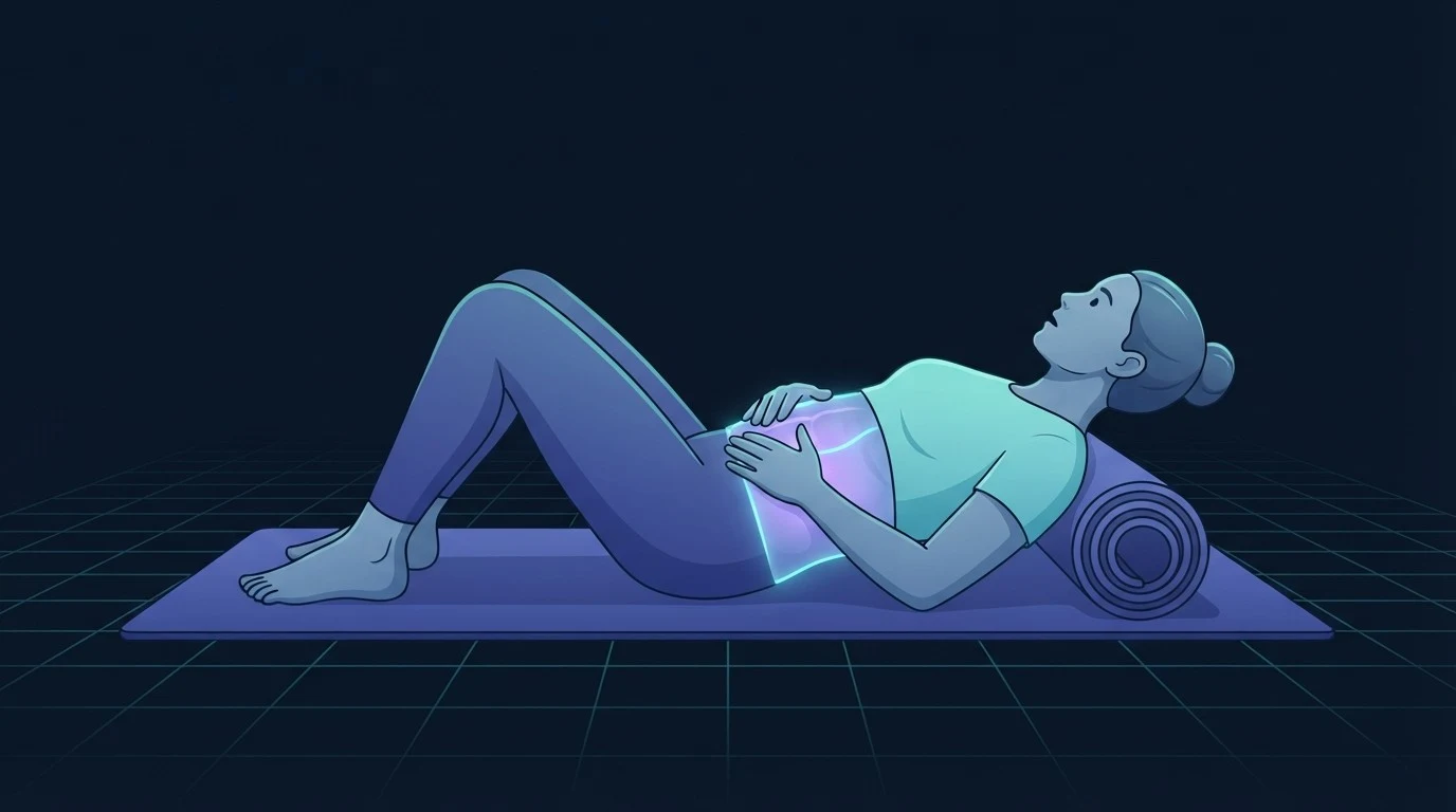 Postpartum woman lying on a mat with knees bent, one hand on her lower ribs and one on her abdomen, the deep core glowing as she exhales during a phase one diastasis recti exercise