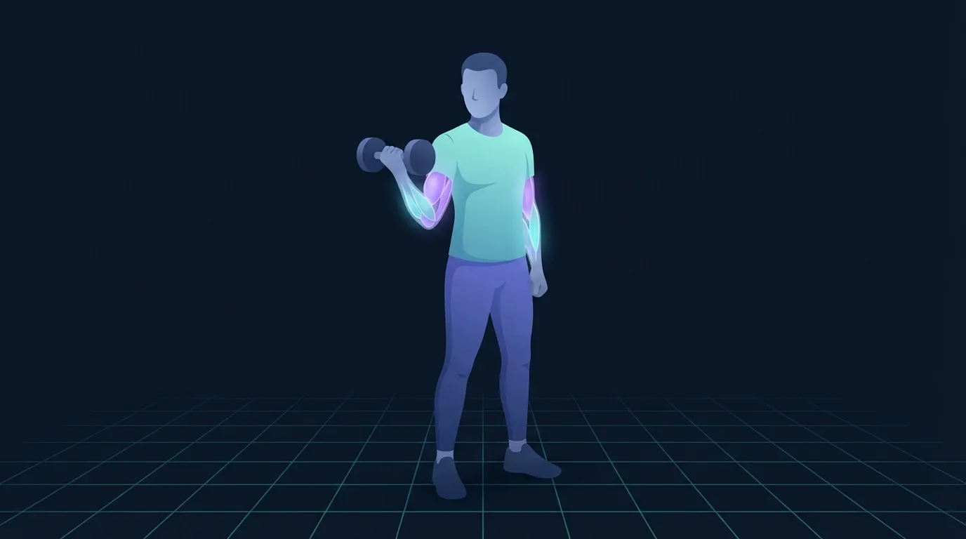 A lifter mid-hammer curl holding a single dumbbell with the neutral grip and the brachialis glowing softly on the outer upper arm
