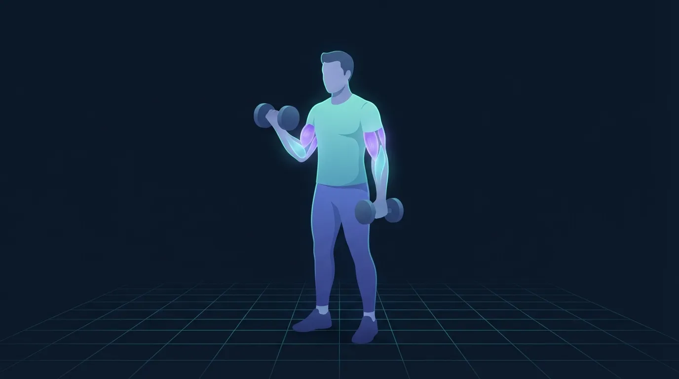 A lifter standing with two dumbbells performing a bicep curl with the biceps brachii and brachialis glowing softly