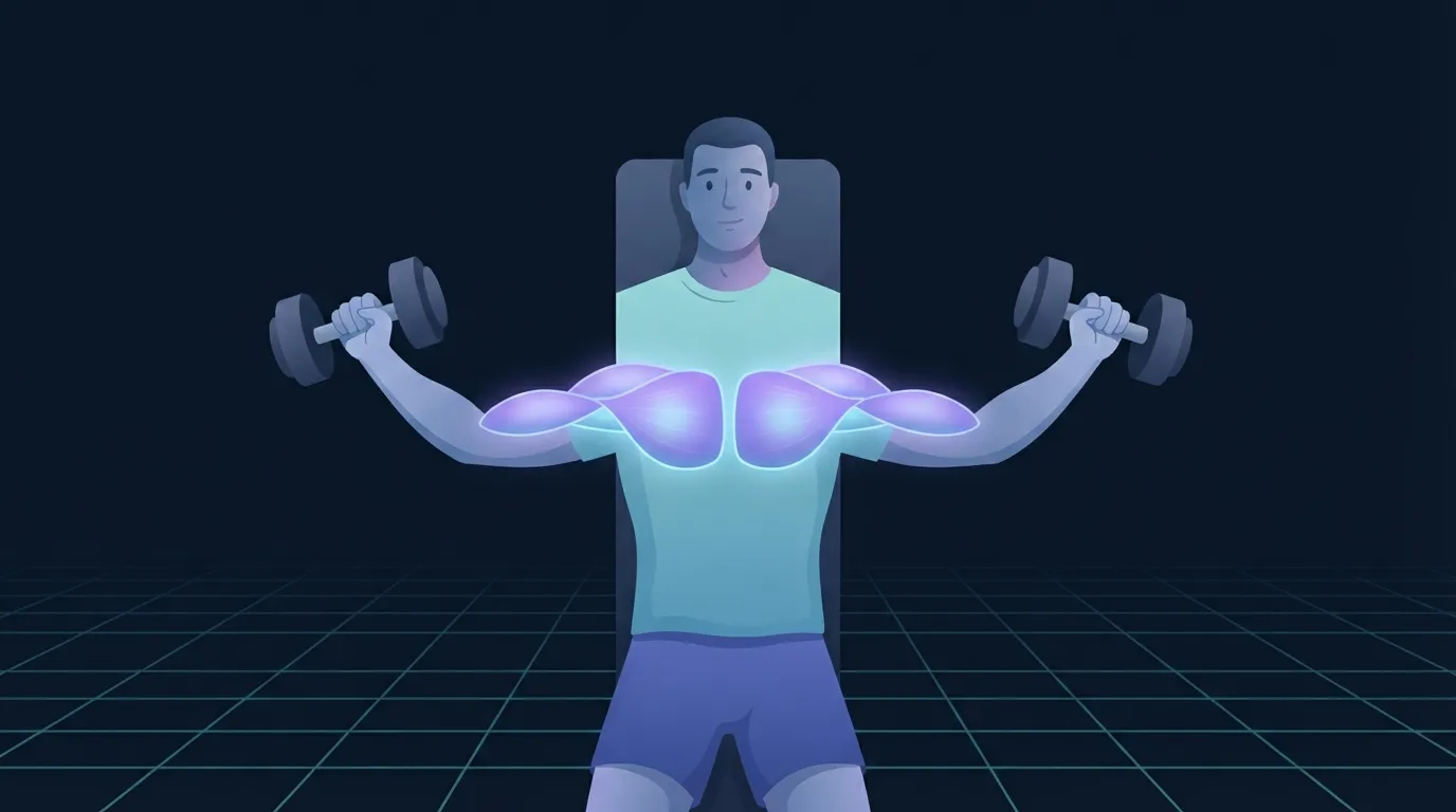 A lifter on a flat bench performing a dumbbell flye with the arms opened wide to shoulder plane and the pectoralis major glowing across the sternum