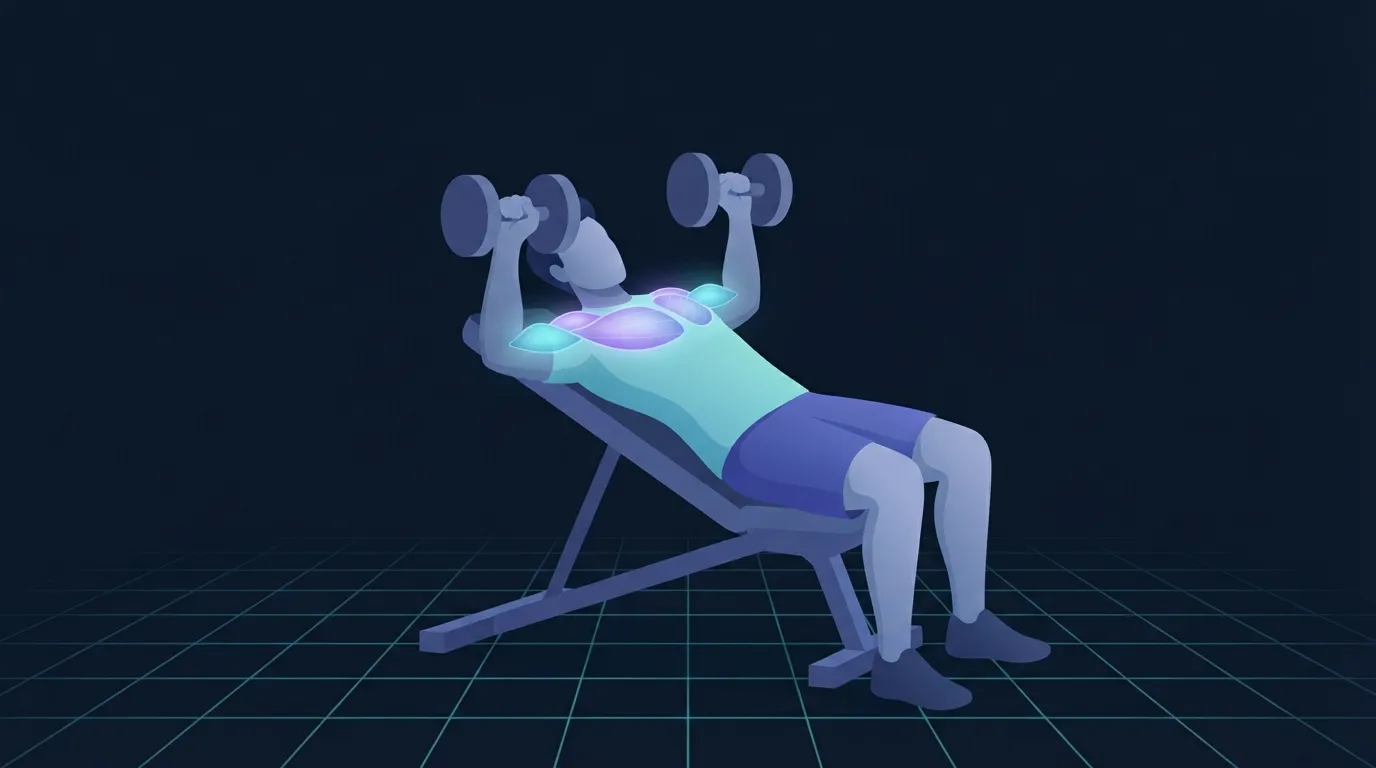 A lifter on an adjustable bench set to roughly 30 degrees pressing two dumbbells overhead with the upper pectoralis and anterior deltoid glowing