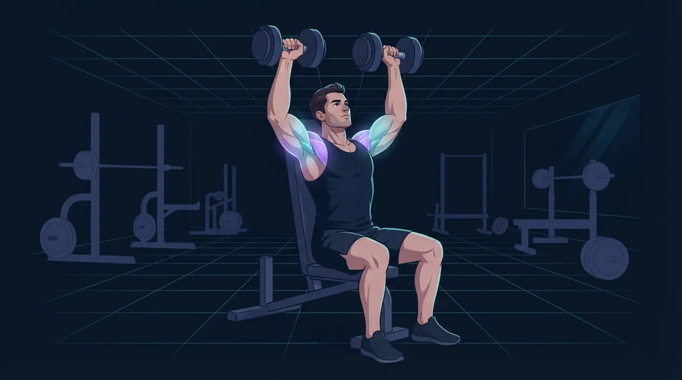 A lifter seated on a bench pressing two dumbbells overhead with the front and side deltoids glowing softly
