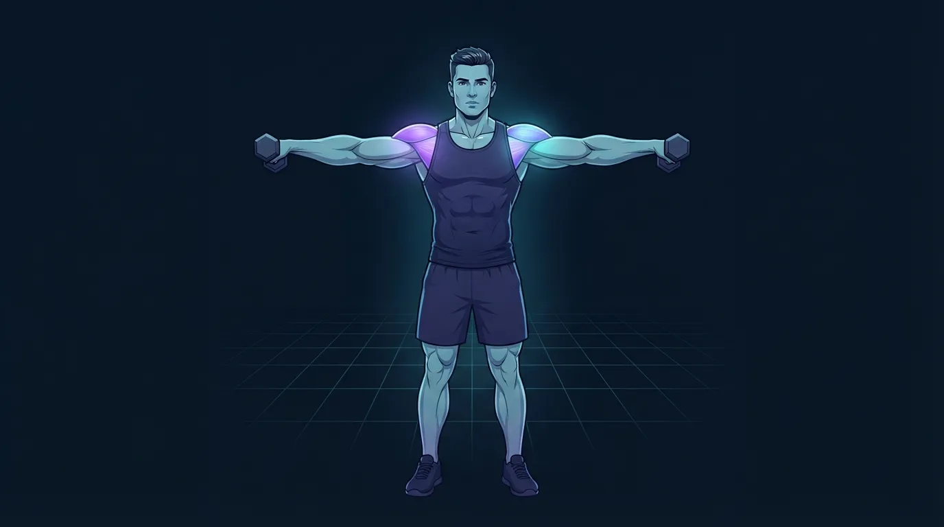A lifter standing with two light dumbbells raising them out to the sides at shoulder height with the middle deltoid glowing softly