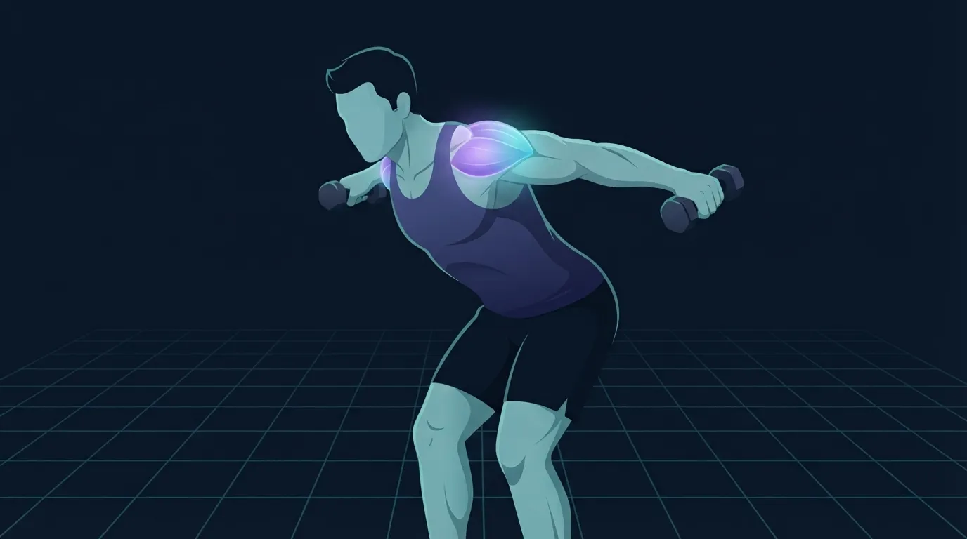 A lifter hinged at the hips performing a rear delt fly with two light dumbbells and the posterior deltoids glowing softly on the back of the shoulders
