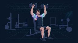 A seated lifter pressing two dumbbells overhead with the front and side deltoids glowing