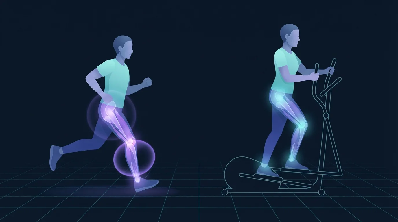 Illustration contrasting a runner at the moment of footstrike, with a violet shockwave travelling up through the shin, knee and hip, against the same person on an elliptical whose feet stay flat on the pedals with only a soft even glow through the same joints