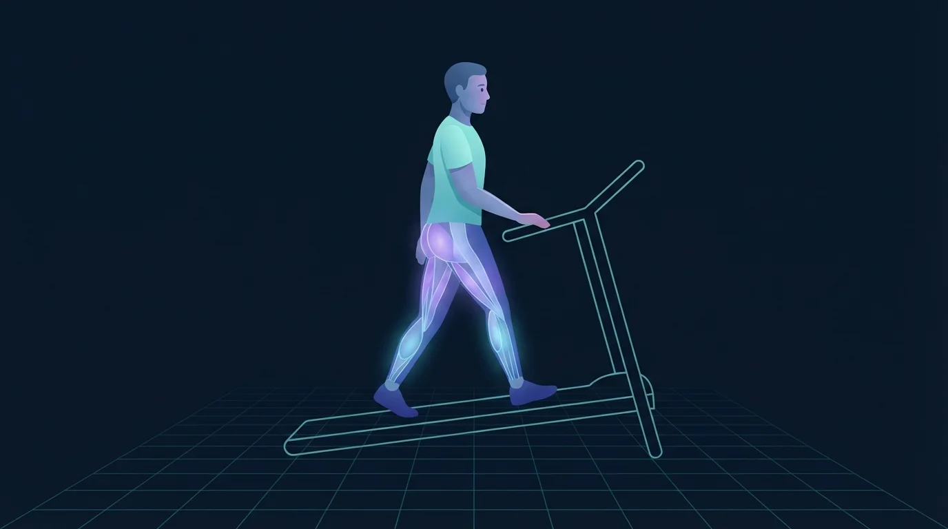 Illustration of a person walking uphill on an inclined treadmill with one hand resting lightly on the side rail, glutes, hamstrings and calves lit up to show where the work lands