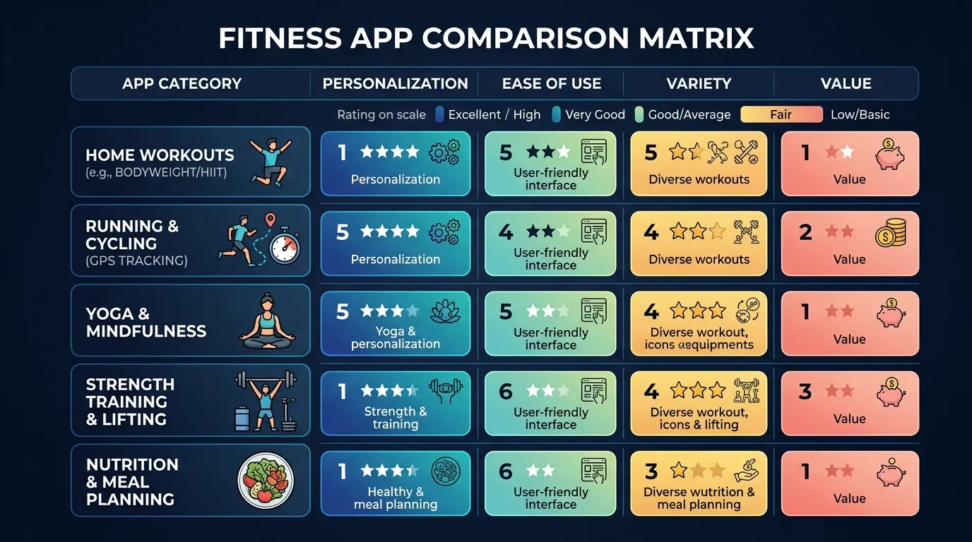 Fitness App Comparison Matrix — visual guide for the Exercise as a Complementary Tool for ADHD section
