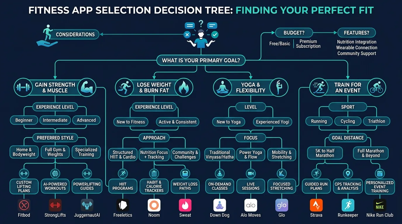 Fitness App Decision Tree — visual guide for the How FitCraft Addresses the ADHD-Exercise Challenge section
