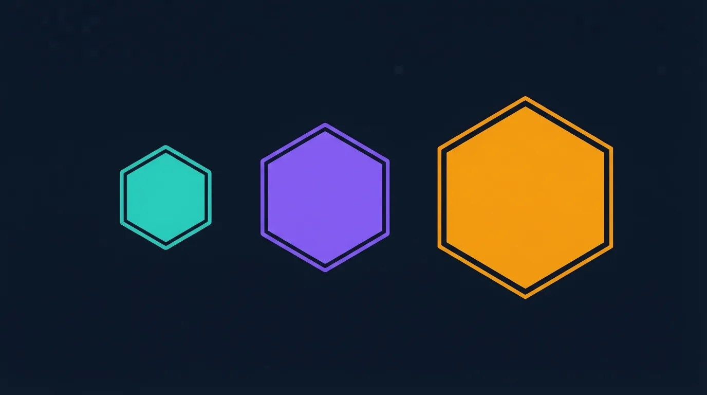Three hexagons growing from small teal to large amber, like the rarity tiers a fitness RPG app uses for gear and collectible cards