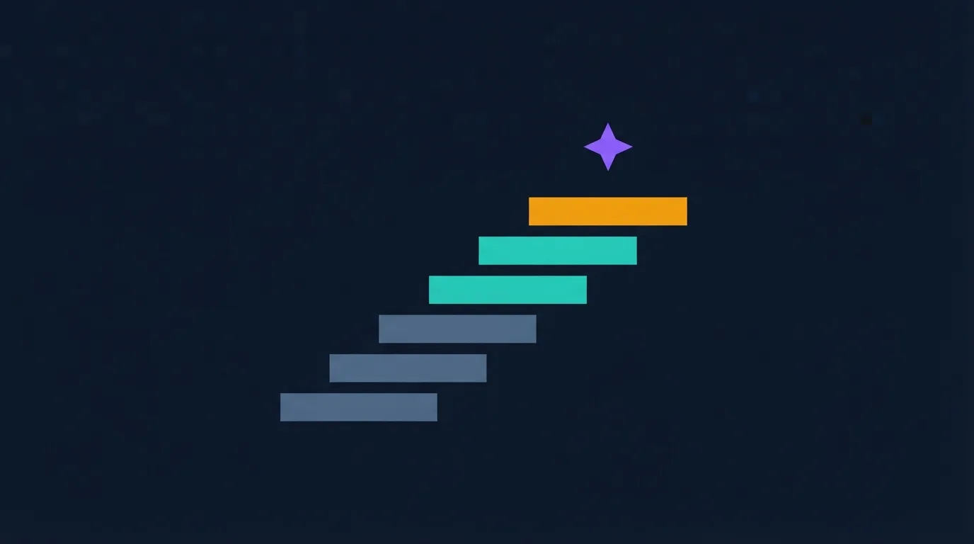 A staircase of rising flat bars with the top step lit in amber, showing how a fitness RPG app converts workouts into levels