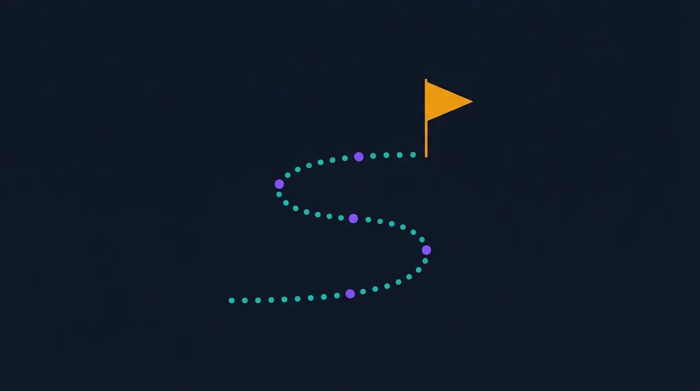 A winding path of dots climbing toward a flag, the way a fitness RPG app turns a training program into a quest line