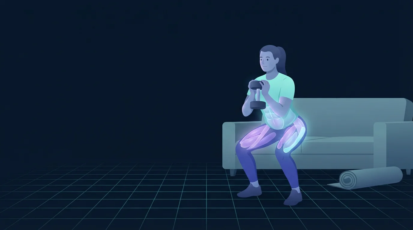 A person doing a goblet squat with a single dumbbell in a living room beside a couch and a rolled mat, quadriceps, glutes and trunk lit up, showing a full body session run at home