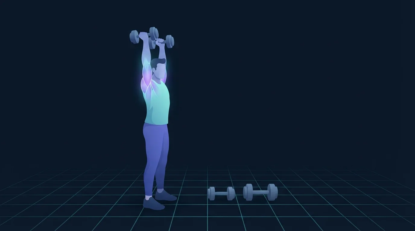 A person pressing a pair of dumbbells overhead with the shoulders and triceps lit up, with heavier dumbbells waiting on the floor, illustrating weekly set volume as the variable that drives growth