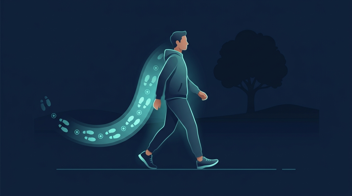 Person walking outdoors at an easy, sustainable pace with a glowing trail of daily steps behind them