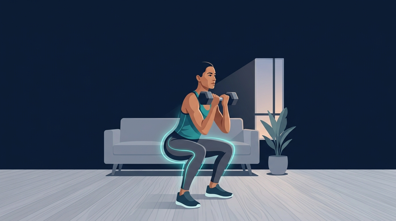 Adult doing a home goblet squat with a dumbbell as glowing highlights mark the leg muscles preserved during GLP-1 weight loss