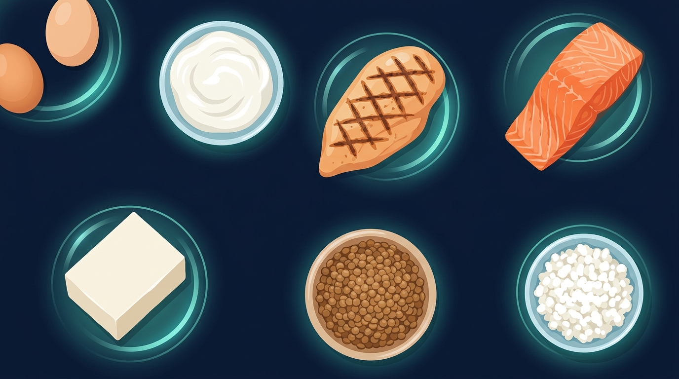 High-protein foods including eggs, Greek yogurt, chicken, salmon, tofu, lentils, and cottage cheese arranged on a dark surface