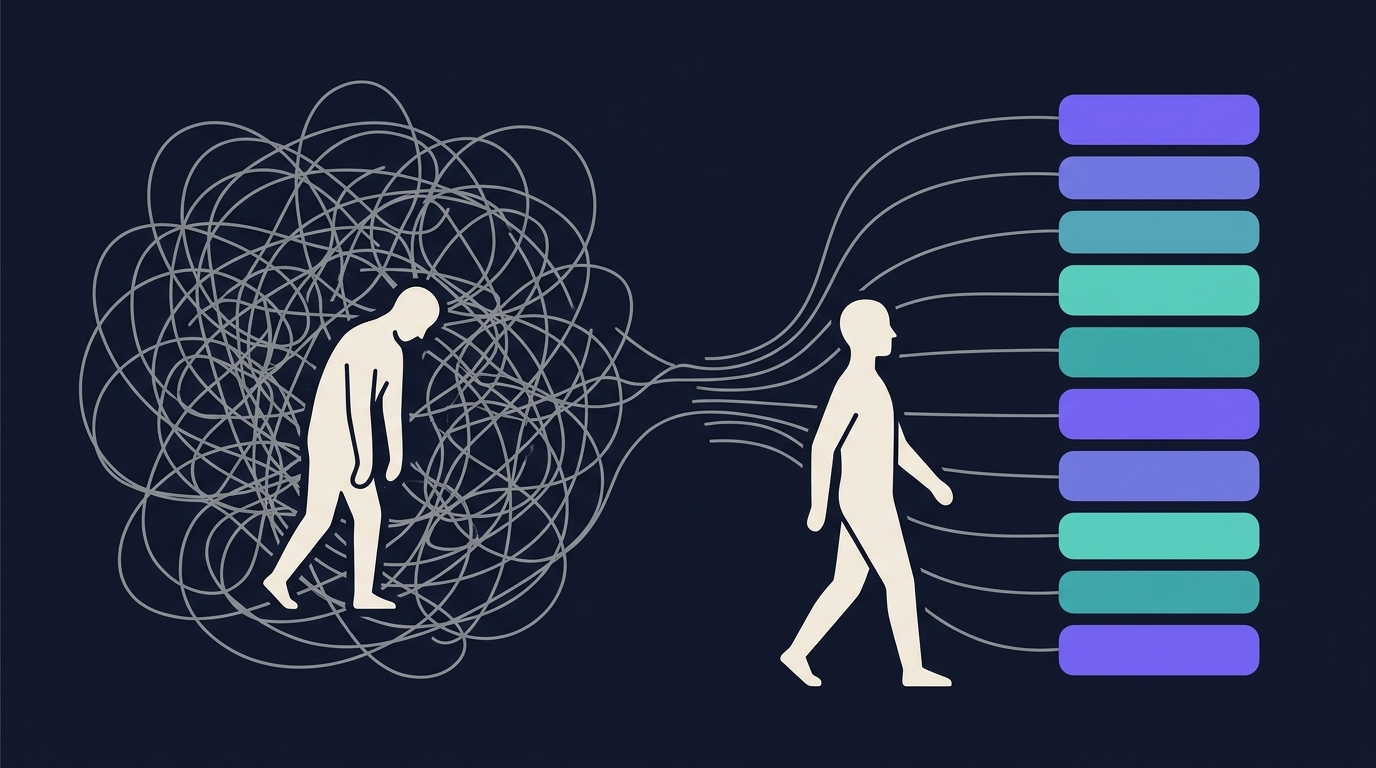 Illustration contrasting aimless wandering with a written workout plan: tangled lines resolve into an orderly column of steps as a figure walks toward it