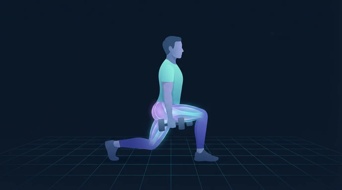 A person doing a dumbbell split squat with the glutes and quadriceps glowing, the lower-body strength work that shares recovery with hill sprint sessions