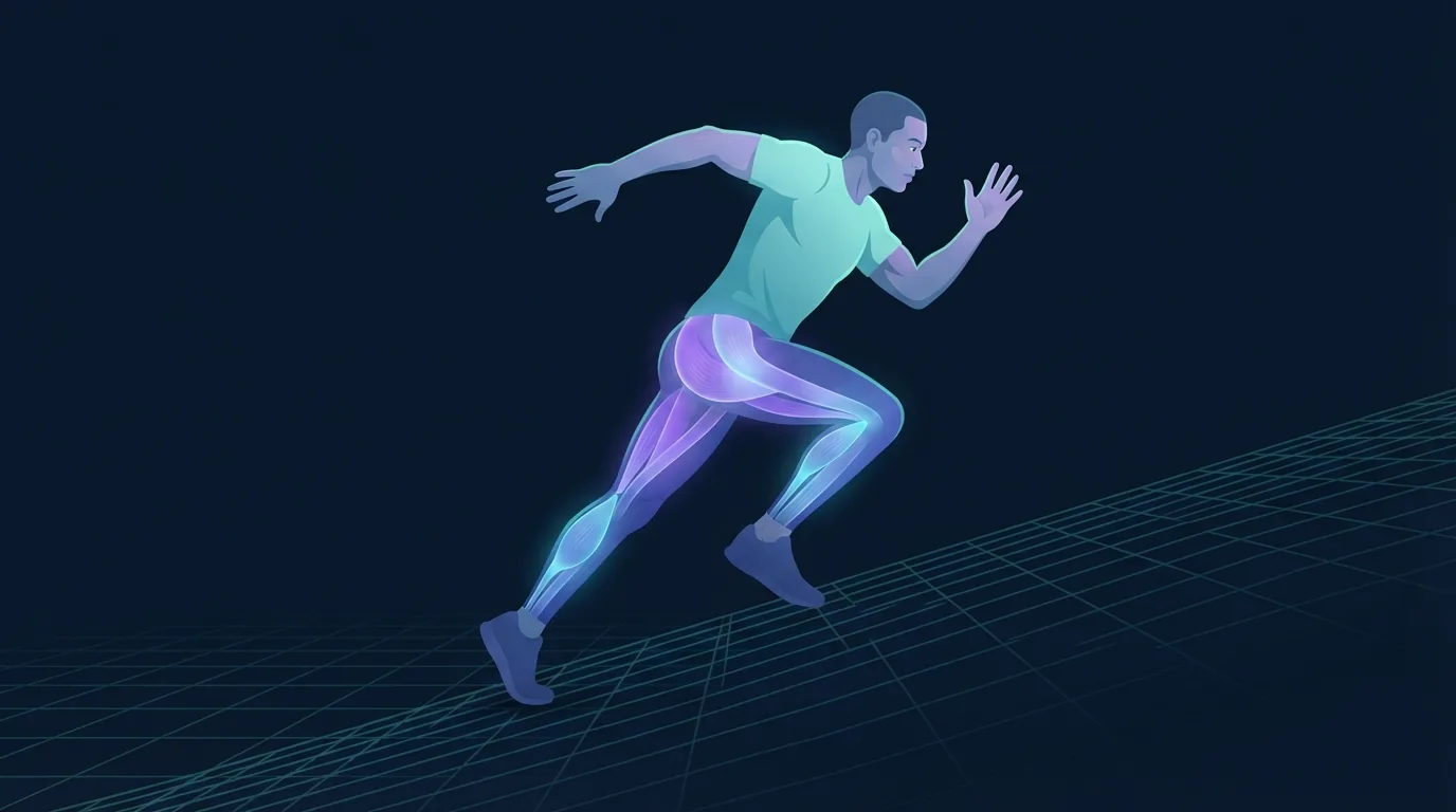 A runner driving up a steep incline with the glutes, hamstrings and calves glowing, showing the propulsive muscles that hill sprints load