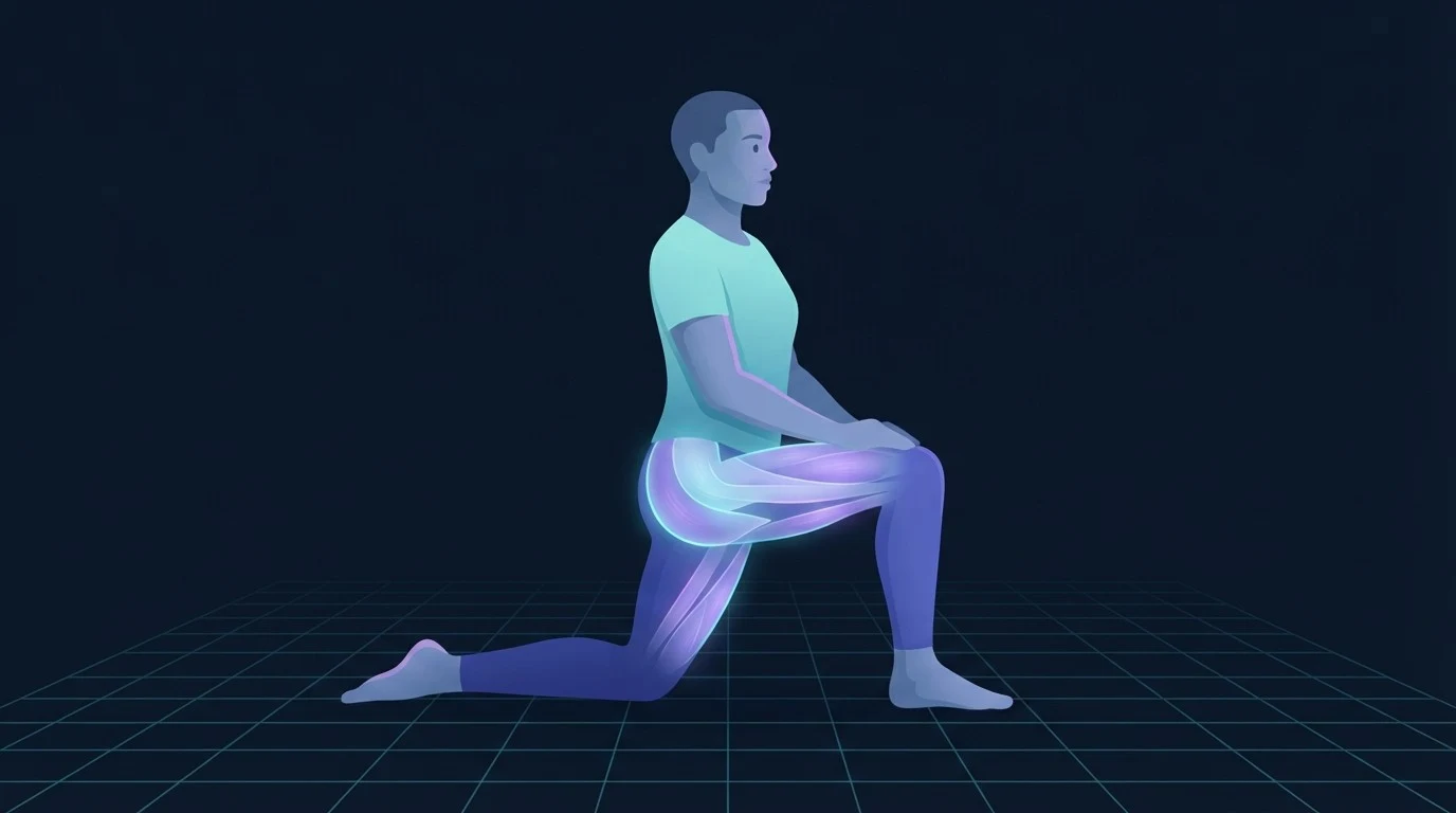 An illustrated figure in a tall half-kneeling lunge with the front of the rear thigh and the glutes glowing, the position most hip mobility exercises are built from