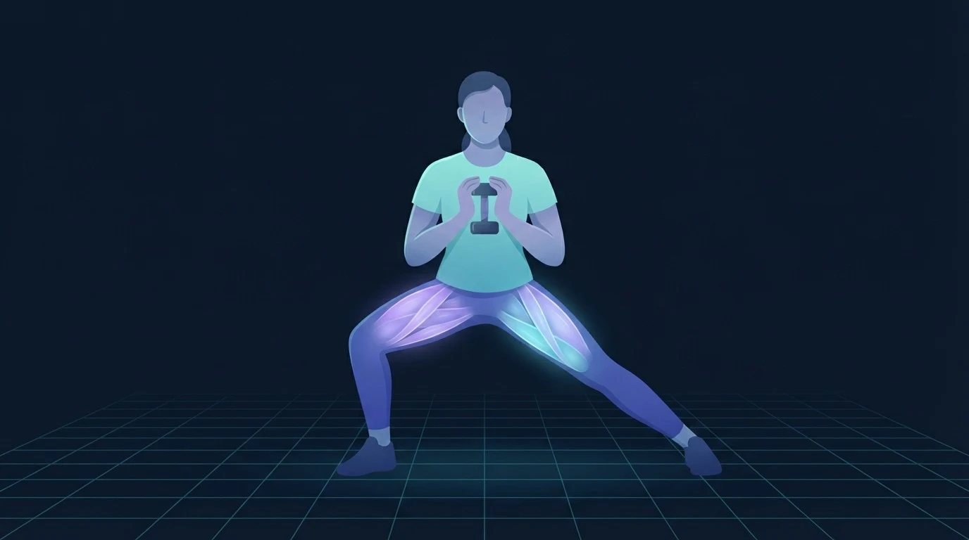 An illustrated figure in a wide loaded side lunge holding one dumbbell at the chest, inner thighs and glutes glowing, showing hip mobility exercises trained under load