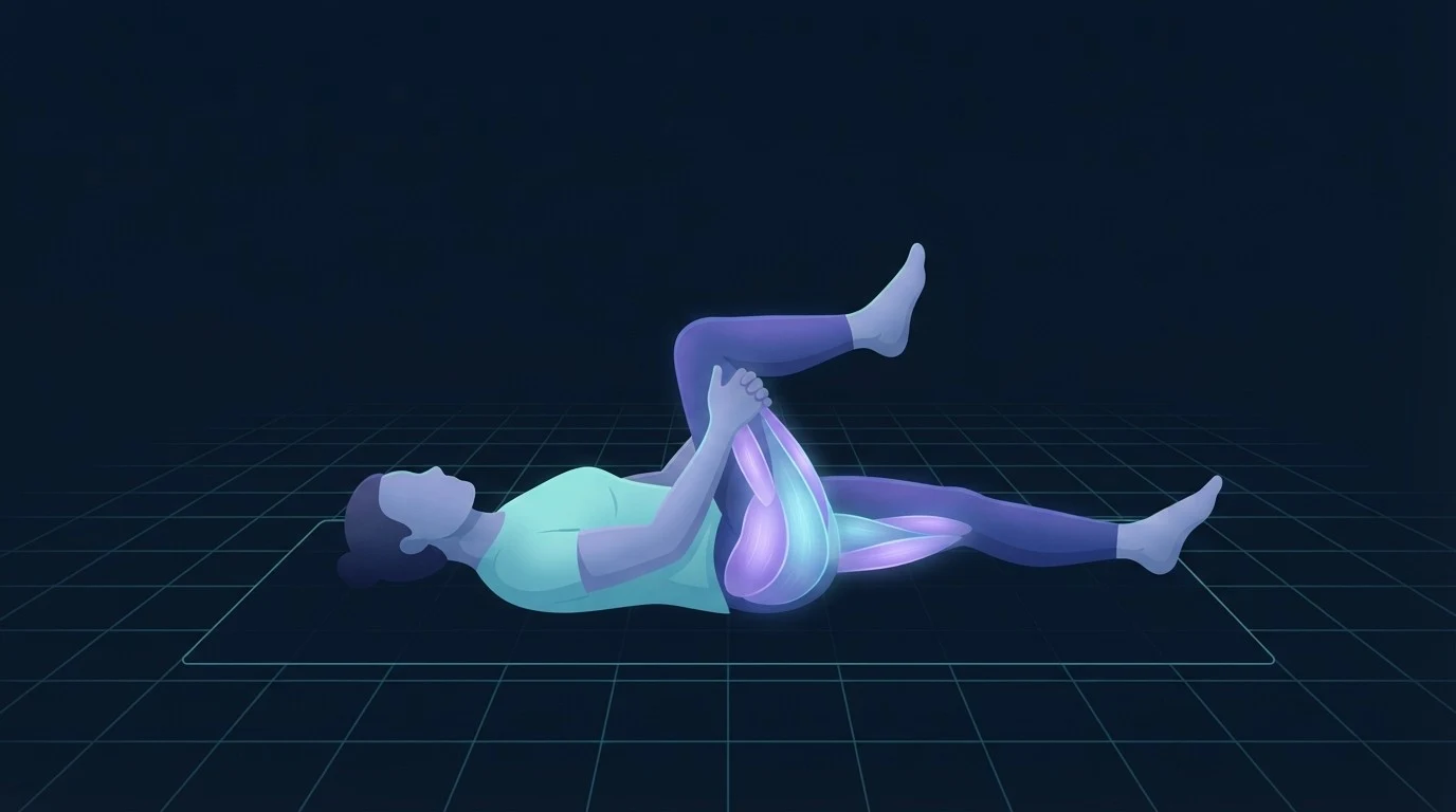 An illustrated figure lying on a mat drawing one knee toward the chest with both hands, outer hip and glute glowing, a floor-based hip mobility exercise
