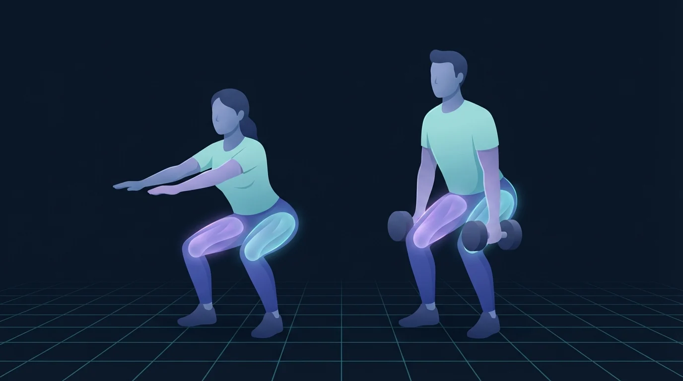 Two people performing the same squat pattern side by side, one bodyweight with arms reaching forward and one loaded with a dumbbell in each hand, both with the thighs and glutes lit up