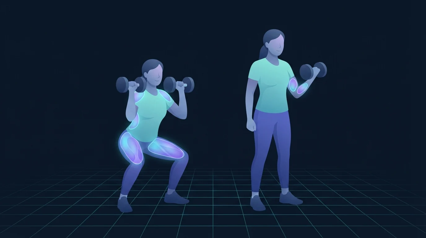 Two people training side by side, one squatting with dumbbells at the shoulders and the whole lower body lit up, one standing and curling a single dumbbell with only the biceps lit up, contrasting how much work a compound lift does per slot
