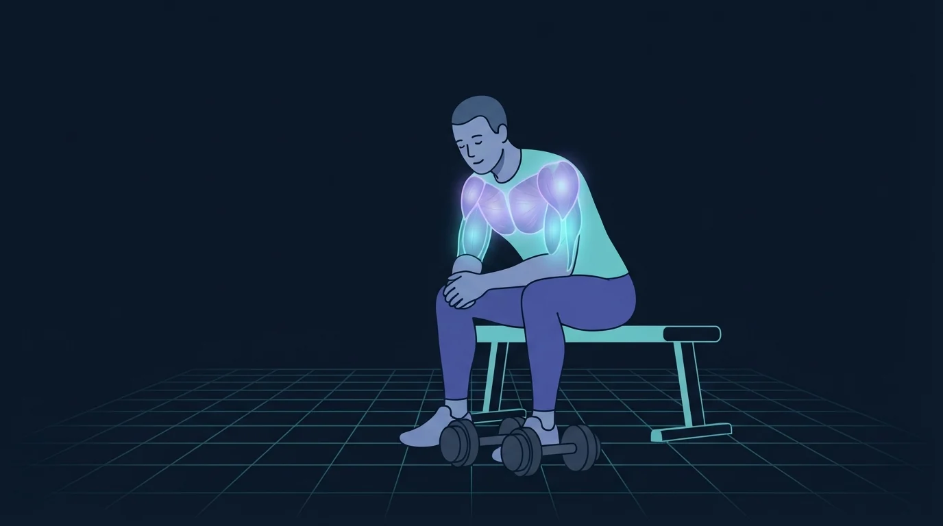 A lifter sitting on a bench between sets with dumbbells on the floor at their feet and the chest, shoulders and triceps still lit up from the work just done