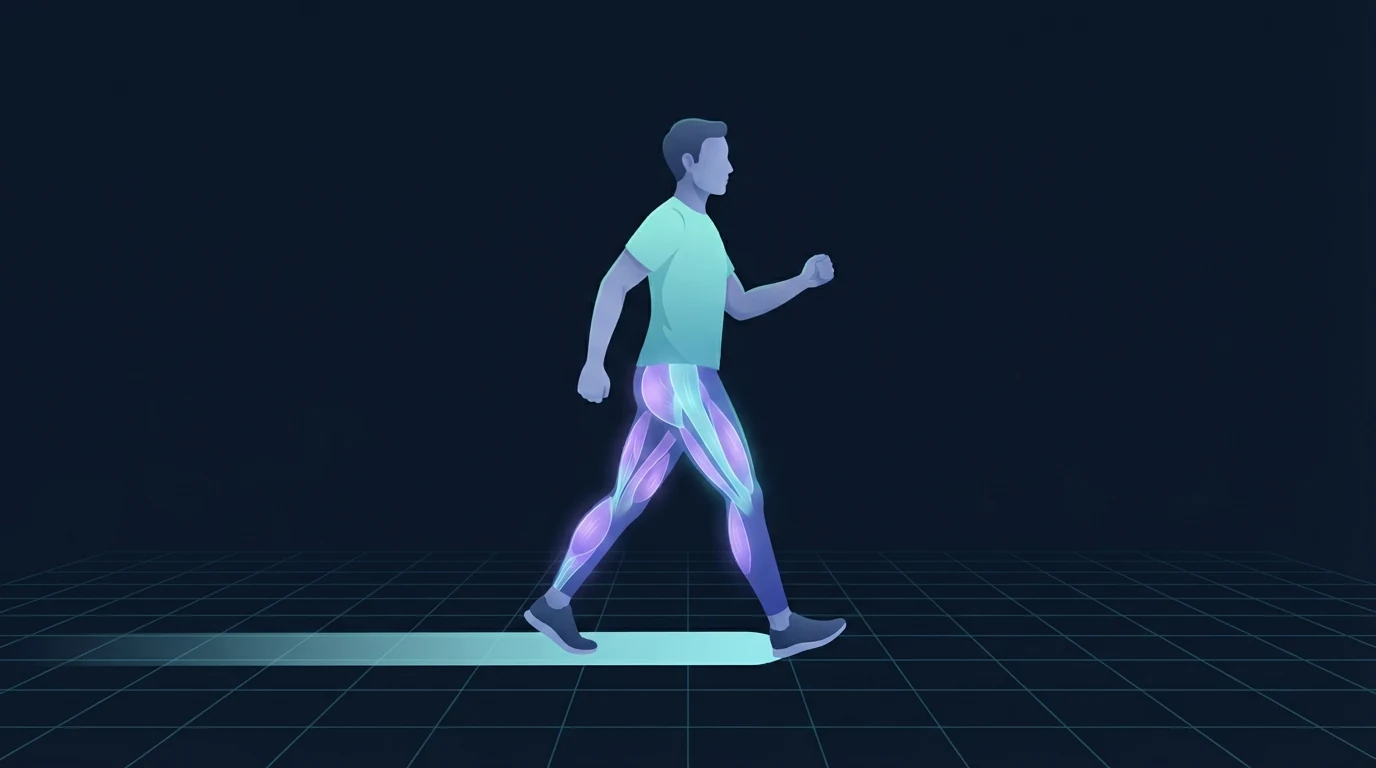 A walker mid-stride with the calves, quadriceps and glutes lit up and a trail of light on the floor behind them showing the distance already covered