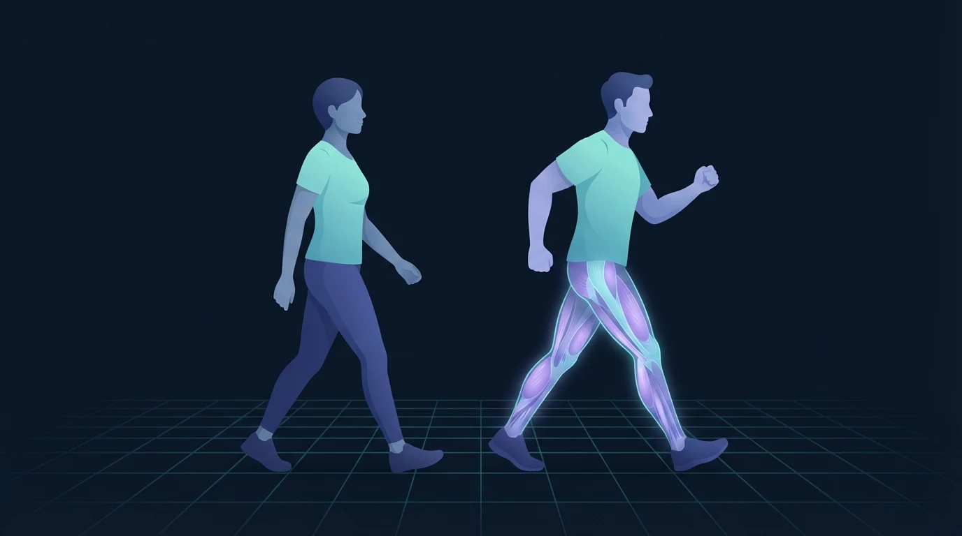 Two walkers side by side, one strolling with a short relaxed stride and one power walking with a longer stride and driving arms, the faster walker's leg muscles lit up