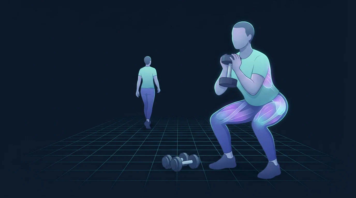 A walker in the distance and the same person in the foreground holding a dumbbell at the chest in a squat, glutes and upper back lit up, showing walking paired with two strength sessions