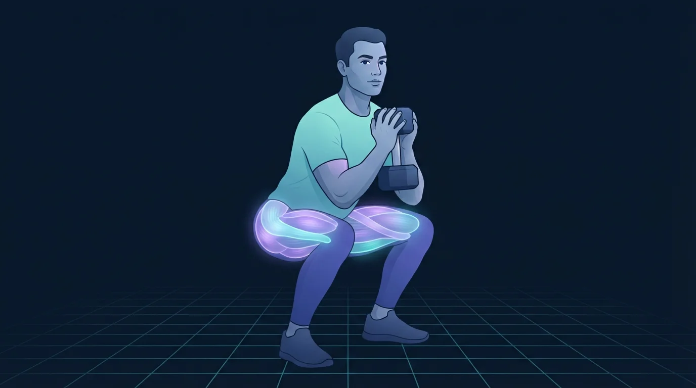 A person at the bottom of a deep goblet squat holding a single dumbbell at the chest with heels flat, the glutes, inner thighs and front of the thighs glowing to show muscles loaded at their longest position