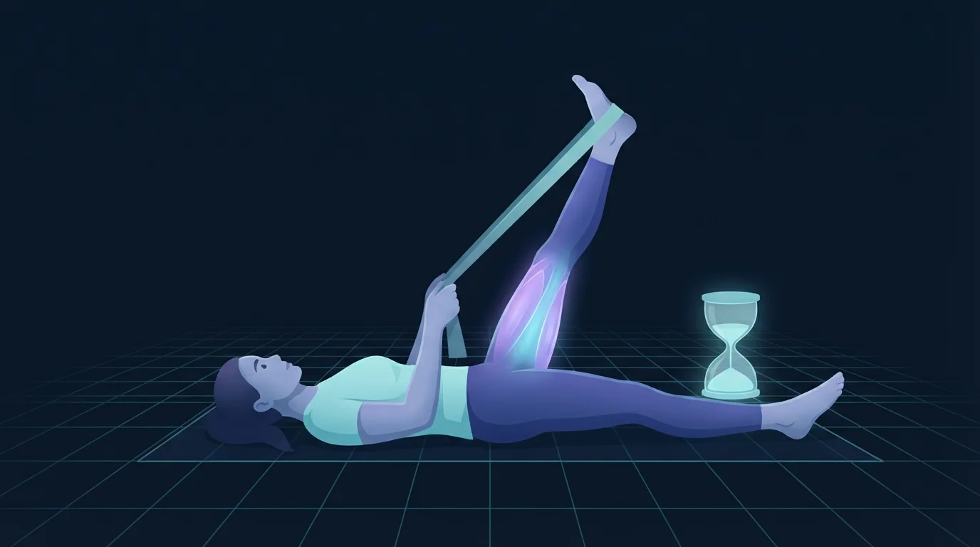 A person lying on their back holding a strap around one raised foot with the back of that thigh glowing, an hourglass standing on the floor beside them marking the length of the hold