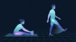 Two people training flexibility side by side, one holding a still seated forward fold with the hamstrings glowing and the other swinging a straight leg through a moving range with the hip and thigh glowing