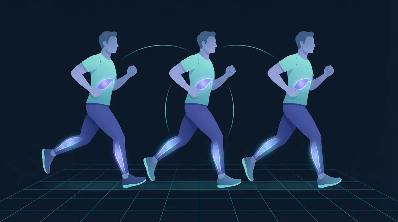 The same runner drawn in three consecutive stride positions with the diaphragm and landing calf lit on each, showing breath repeating on a fixed count of footfalls