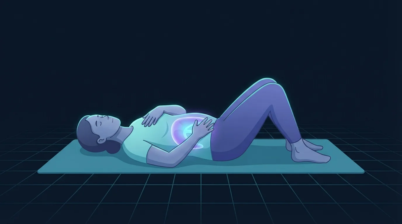 A person lying on a mat with knees bent, one hand on the chest and one on the belly, the belly and diaphragm lit up while the upper chest stays dark