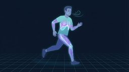 A runner in mid-stride with the lower ribcage and diaphragm lit up and thin curved lines showing air moving in through the nose and out through the mouth